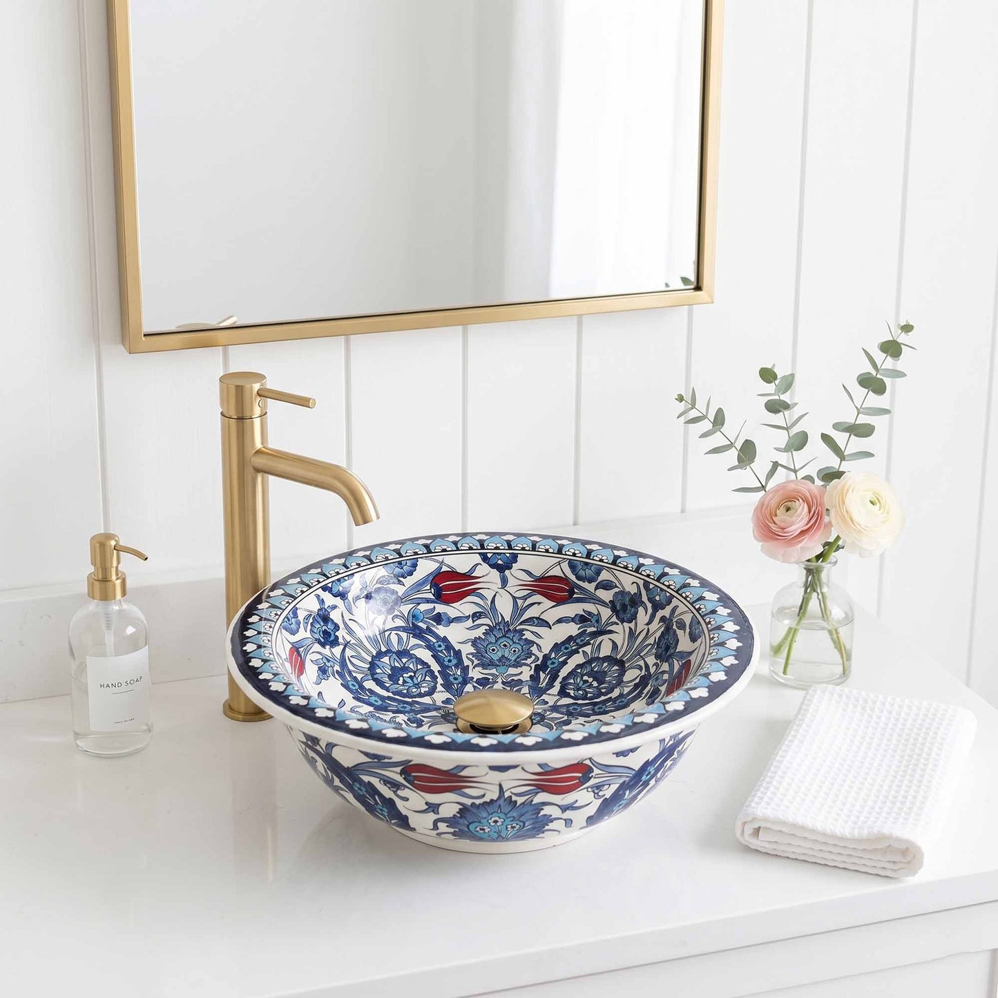Crimson Tulip Garden Ceramic Vessel Sink, Handpainted Bathroom Basin