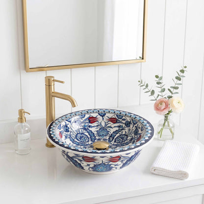Crimson Tulip Garden Ceramic Vessel Sink, Handpainted Bathroom Basin