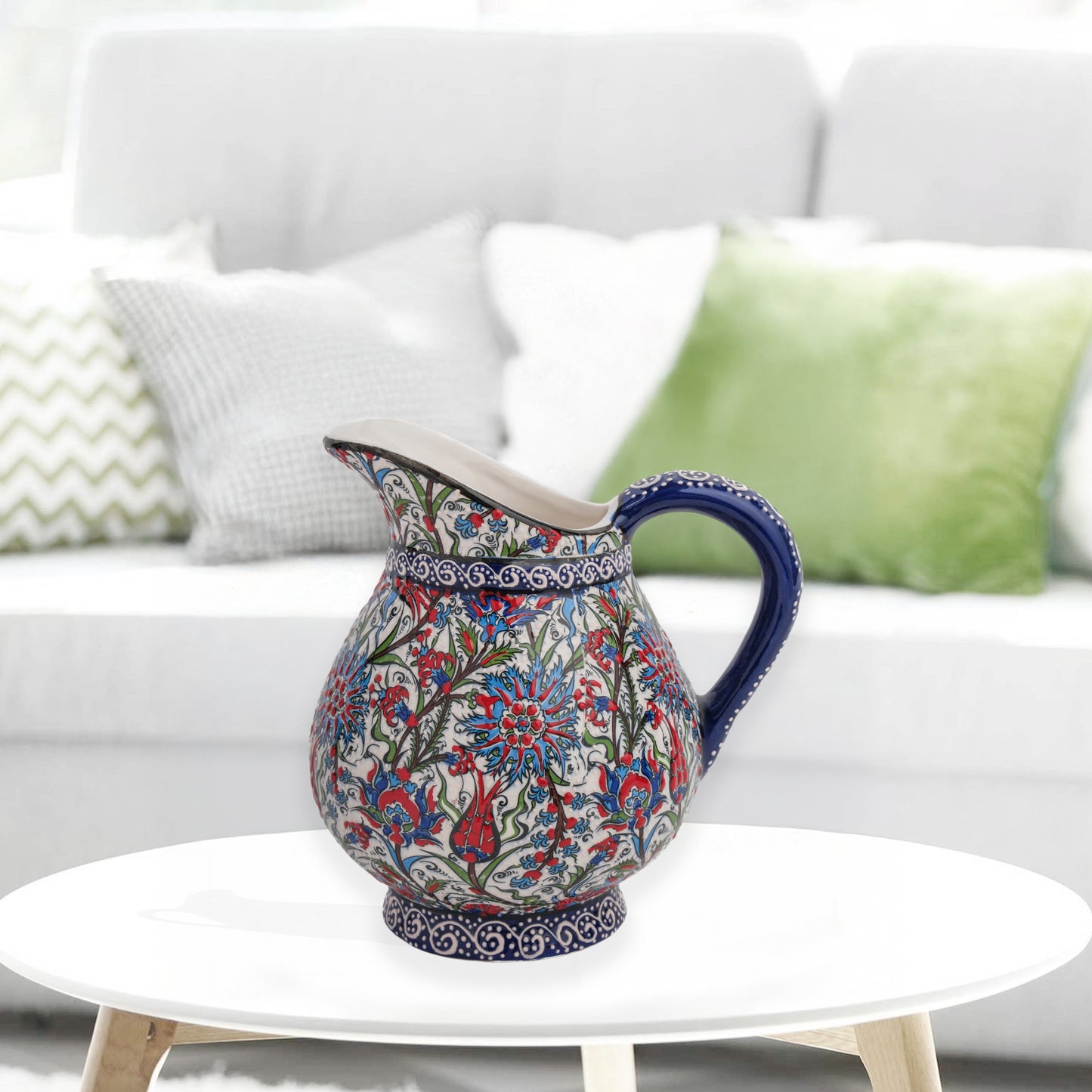 Handmade Ceramic Pitcher, Traditional Floral Decorative Ewer, Decorative Pitcher