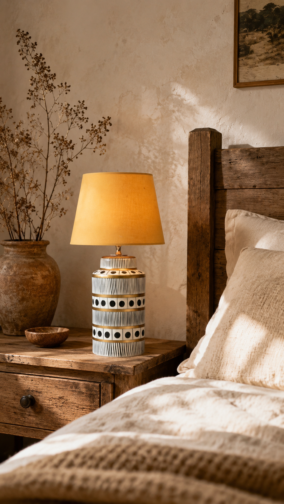 Black & White Ceramic Table Lamp with Gold Bands & Dots