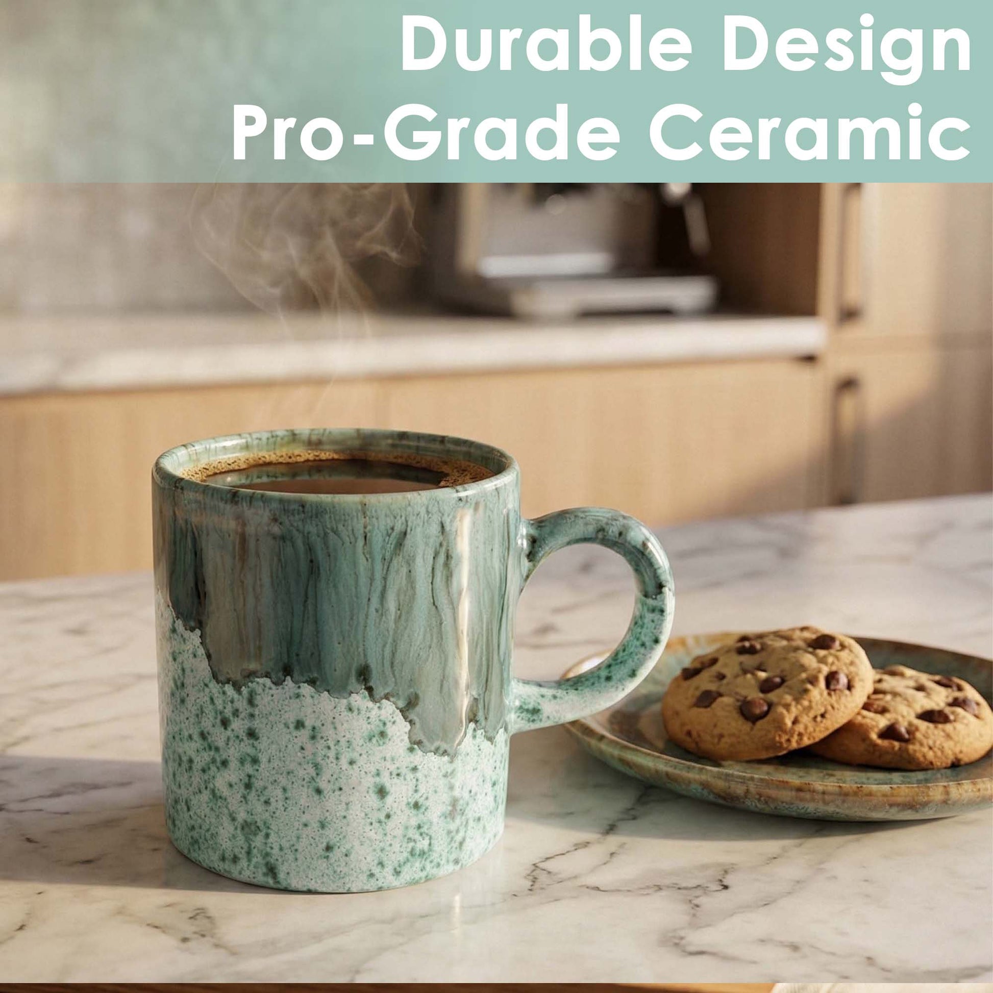 Speckled green mug with steaming coffee on a marble surface next to cookies.