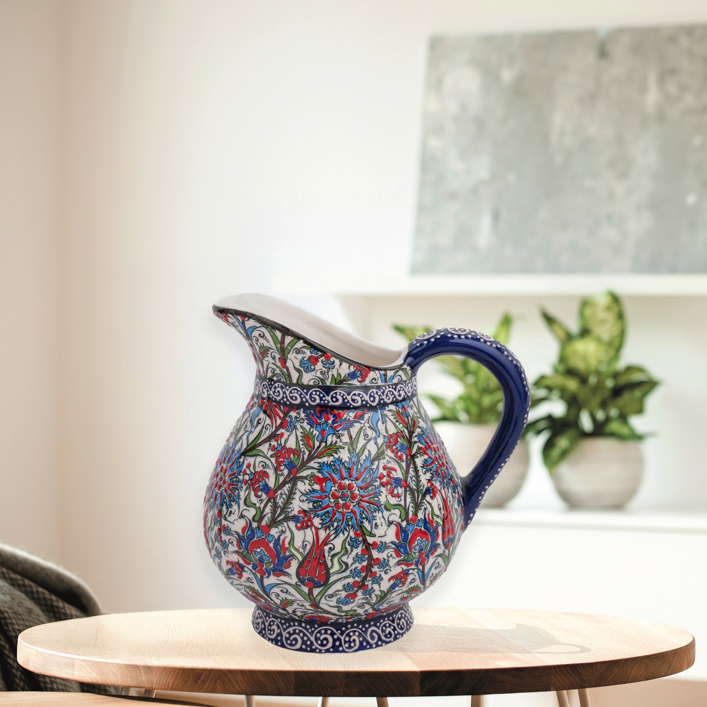 Handmade Ceramic Pitcher, Traditional Floral Decorative Ewer, Decorative Pitcher