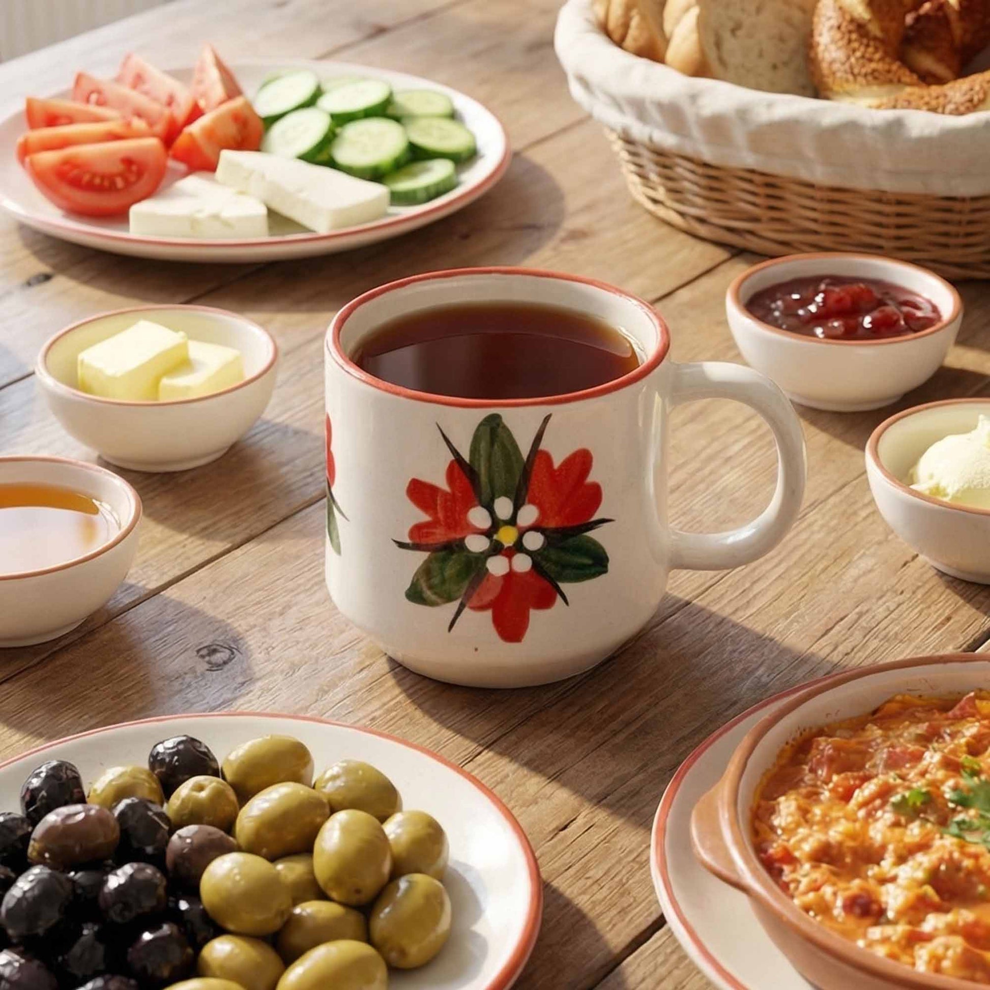 Tea cup with floral design on a wooden table with snacks and bread