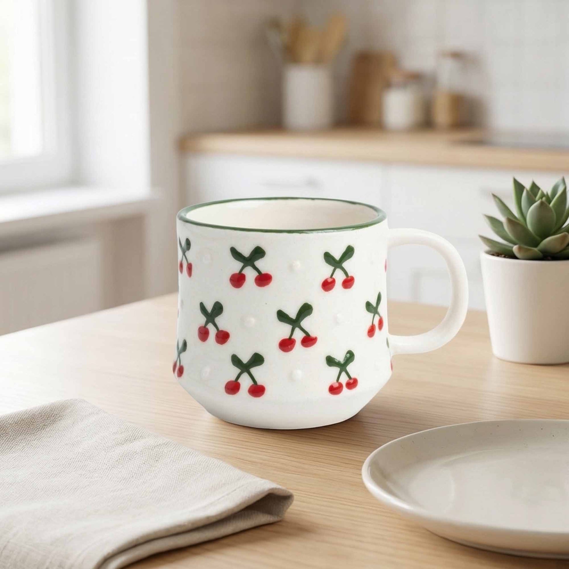 White mug with red and green cherry pattern on a wooden table with a kitchen background
