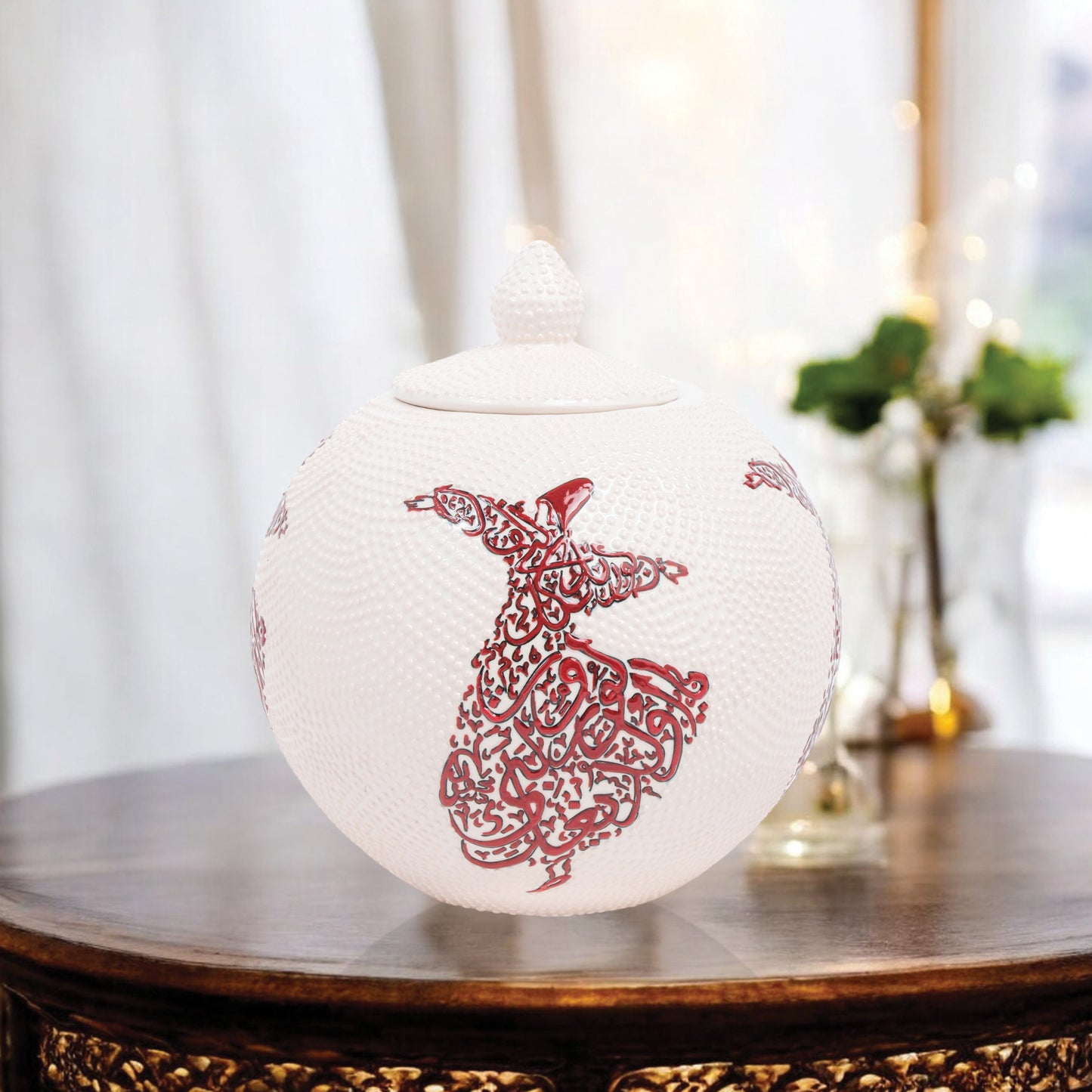 Handmade Ceramic Jar, Red Whirling Dervish Decorative Jar with Lid, Ceramic Globe Jar