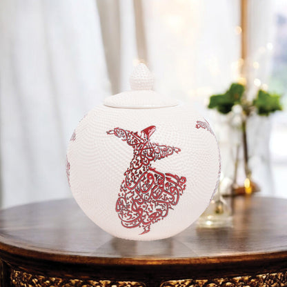Handmade Ceramic Jar, Red Whirling Dervish Decorative Jar with Lid, Ceramic Globe Jar