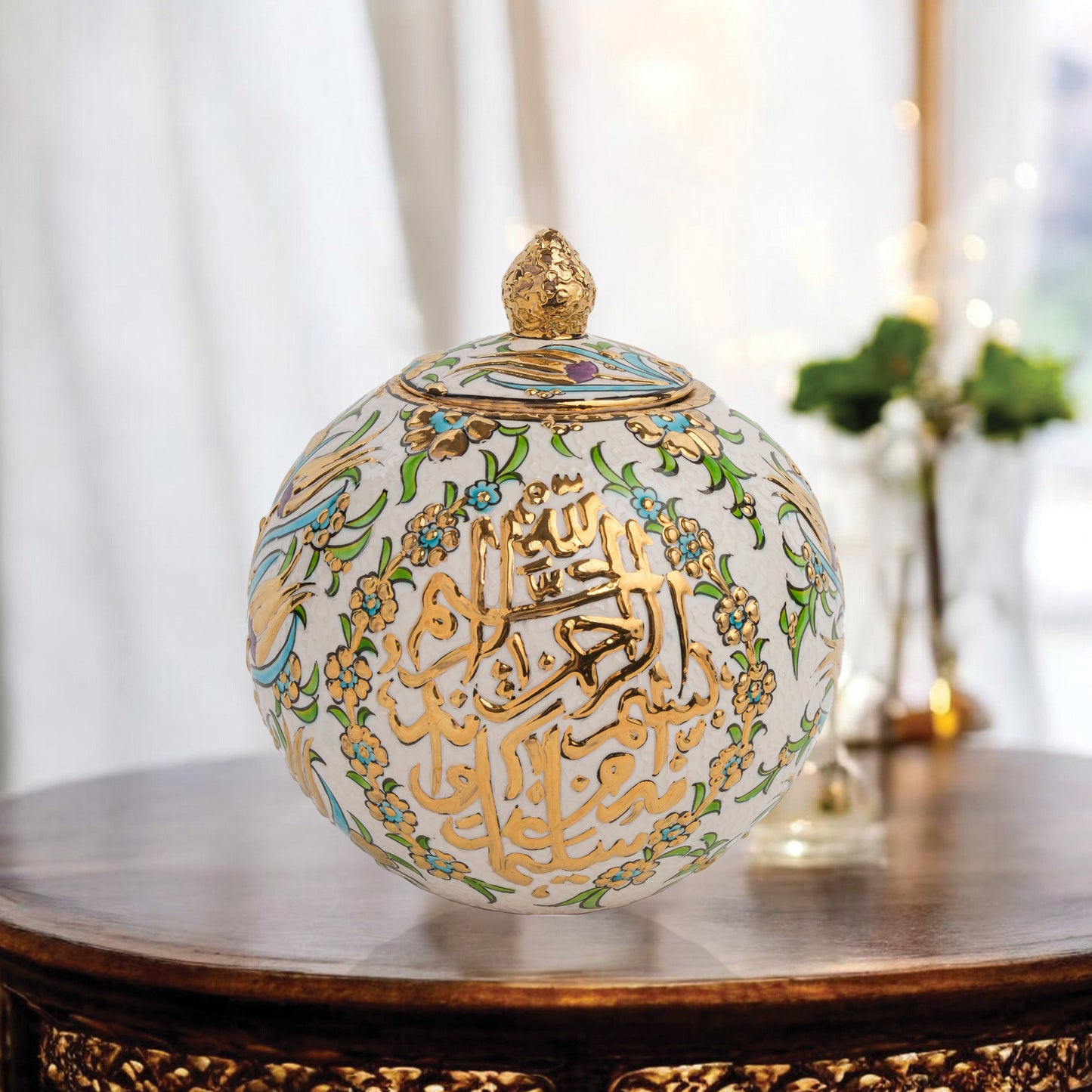 Handmade Ceramic Jar, Floral Script Decorative Jar with Lid, Ceramic Golden Globe Jar