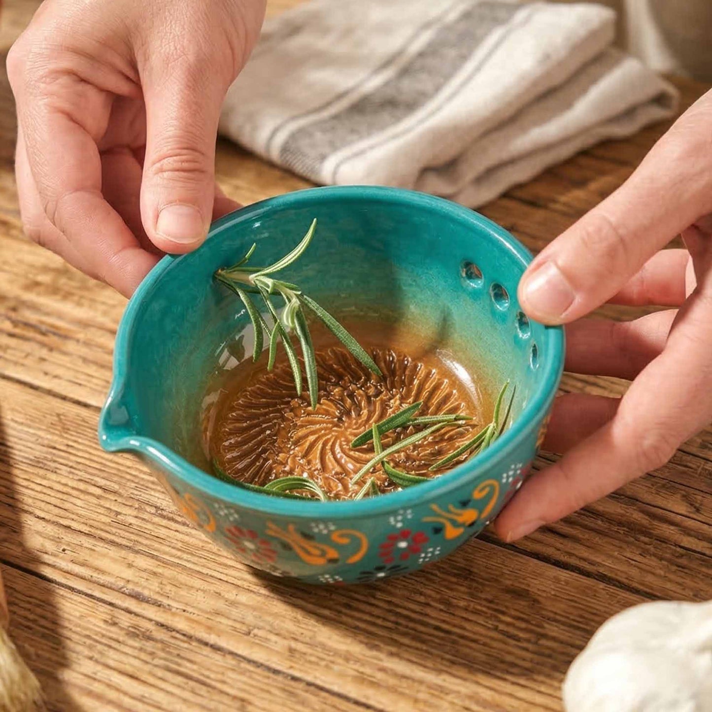 Herb Stripper Bowl & Garlic Grater  – Ceramic Ginder Bowl for Herbs, Ginger & Parmesan