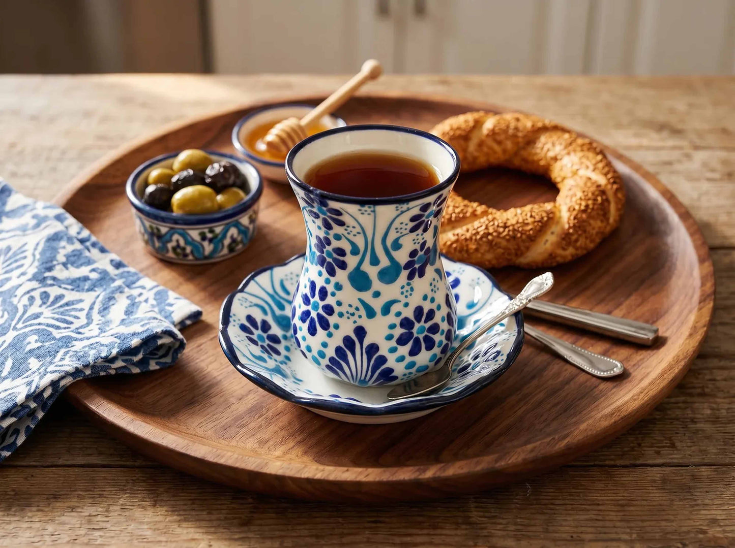 Tea cup with saucer on a wooden tray with bread, olives, and honey dipper.