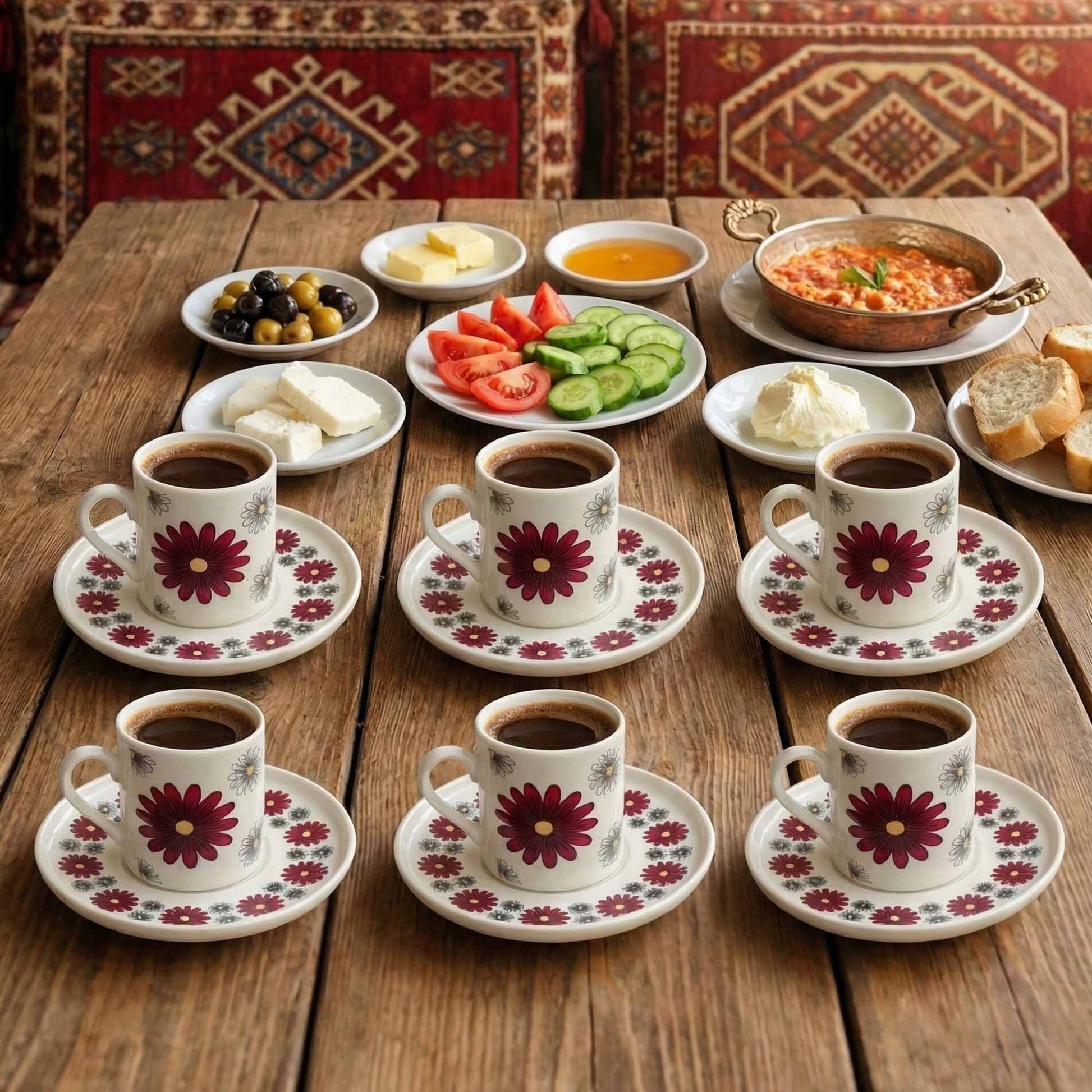 Set of coffee cups with floral design on saucers, accompanied by plates of food on a wooden table.
