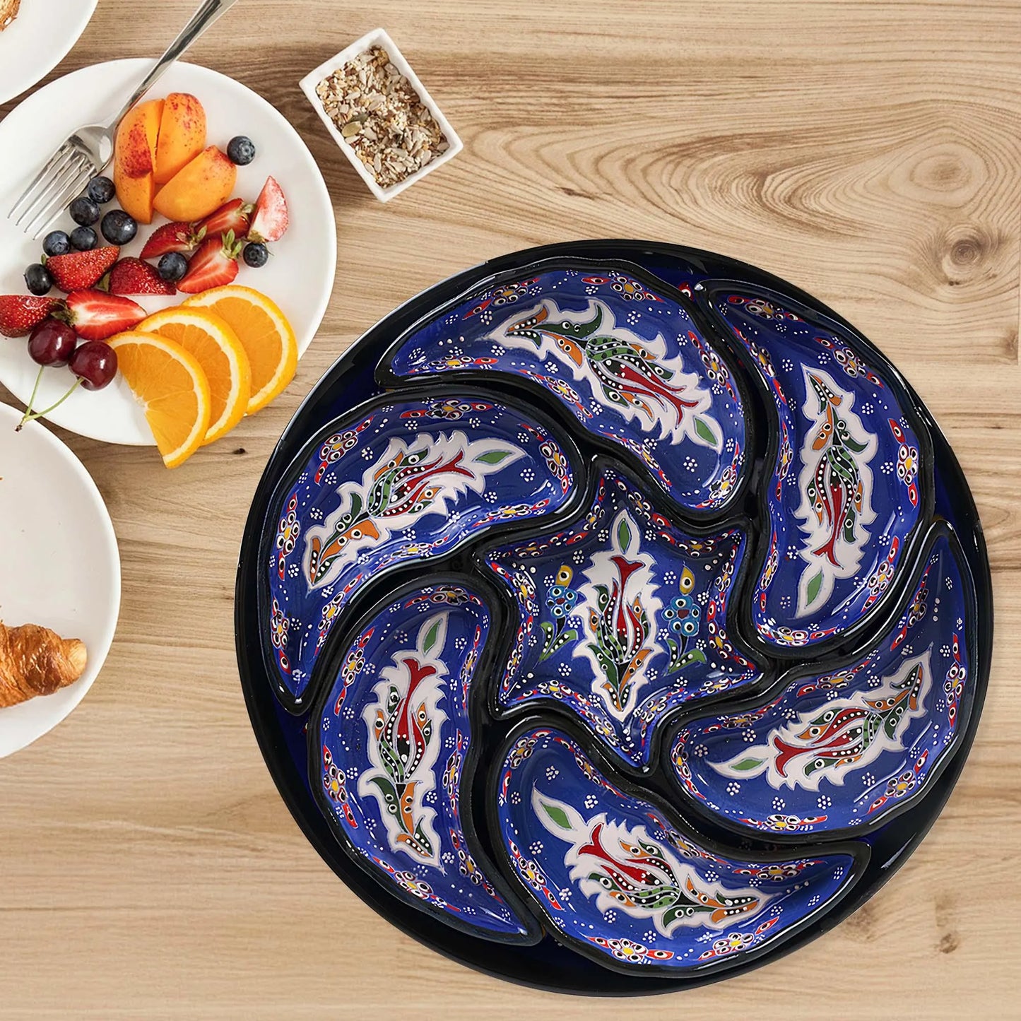 Blue Turkish Floral – 8 Piece Ceramic Snack Serving Tray Set, Handmade Appetizer Platters - EVANILIFE