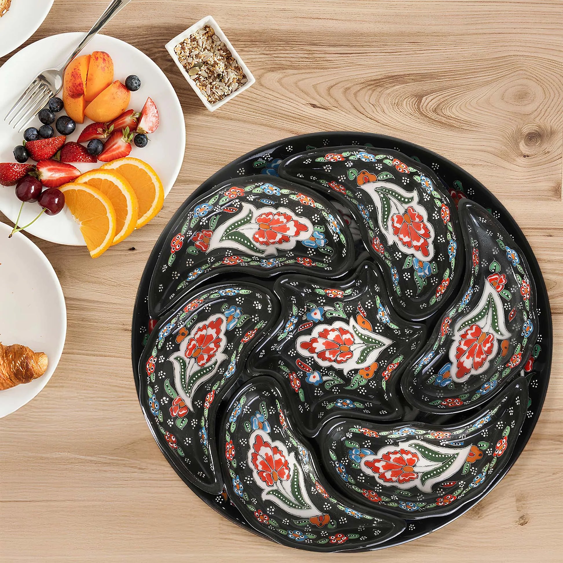 Black Turkish Floral – 8 Piece Ceramic Snack Serving Tray Set, Handmade Appetizer Platters - EVANILIFE