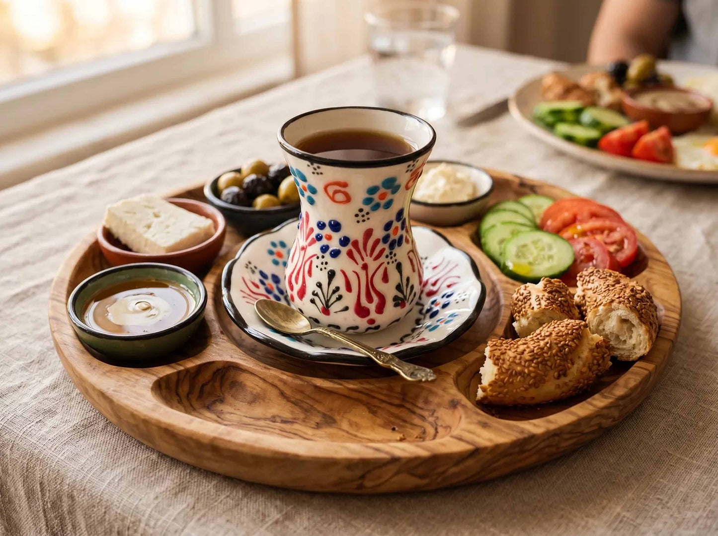 Decorative coffee cup with saucer on a wooden tray with food, including bread and vegetables.