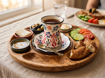 Decorative coffee cup with saucer on a wooden tray with food, including bread and vegetables.