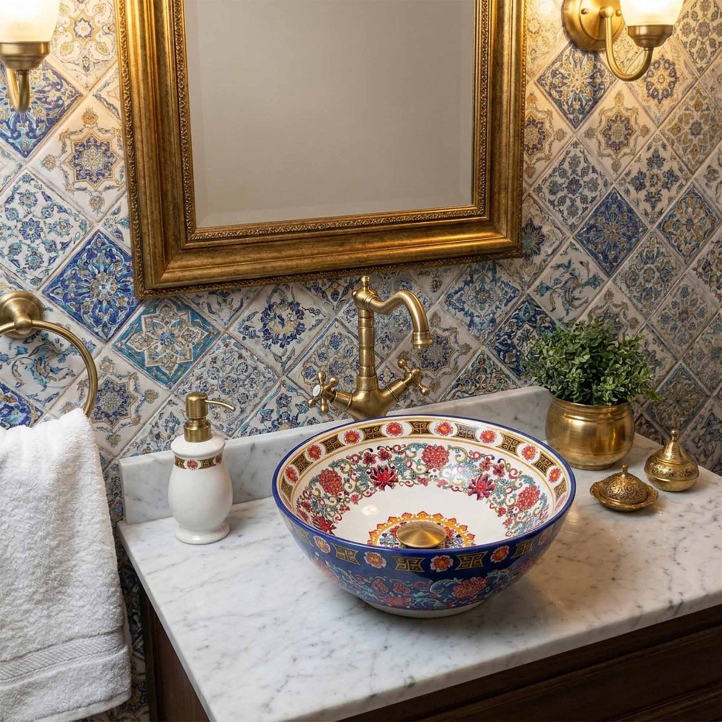 Imperial Sapphire Floral Ceramic Vessel Sink, Handpainted Turkish Bathroom Basin