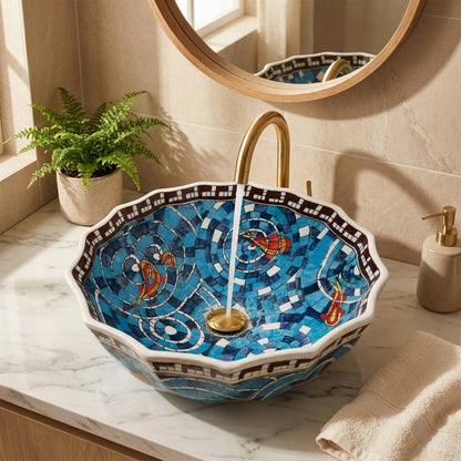 Decorative ceramic sink with a gold faucet in a bathroom setting.