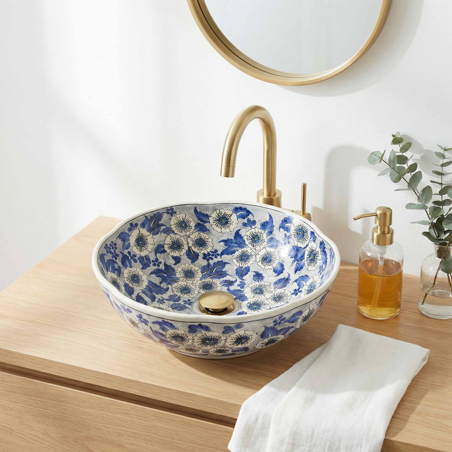 Blue Blossom Ceramic Vessel Sink, Handpainted Floral Bathroom Basin