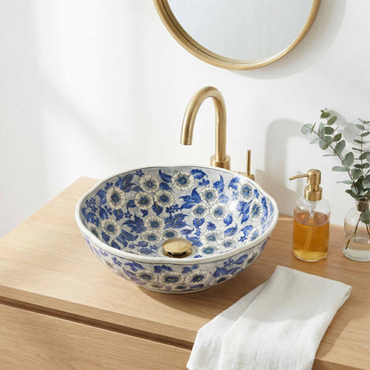 Blue Blossom Ceramic Vessel Sink, Handpainted Floral Bathroom Basin
