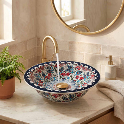 Tulip Garden Ceramic Vessel Sink, Handpainted Bathroom Basin