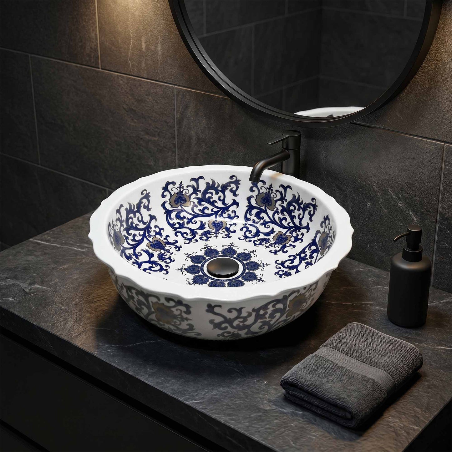 Royal Arabesque Ceramic Vessel Sink, Handpainted Bathroom Basin