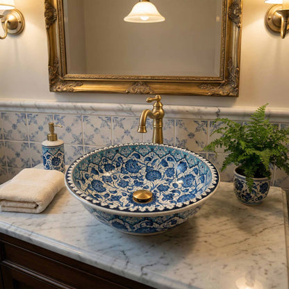 Azure Garden Ceramic Vessel Sink, Handpainted Blue Floral Bathroom Basin