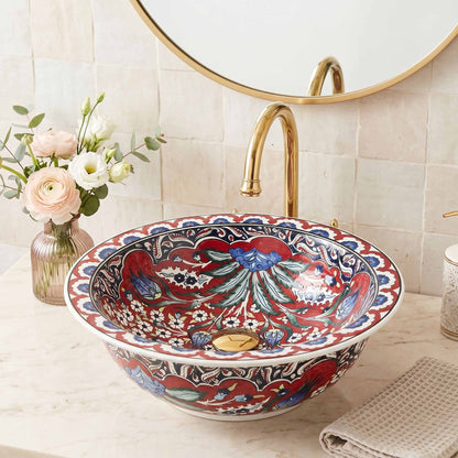 Crimson Tulip Garden Ceramic Vessel Sink, Handpainted Bathroom Basin