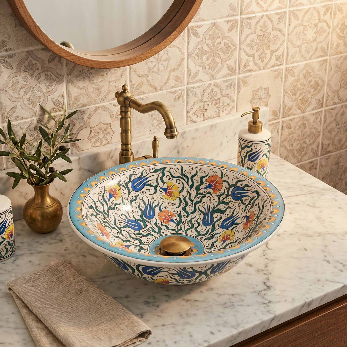 Sky Tulip Ceramic Vessel Sink, Handpainted Floral Bathroom Basin