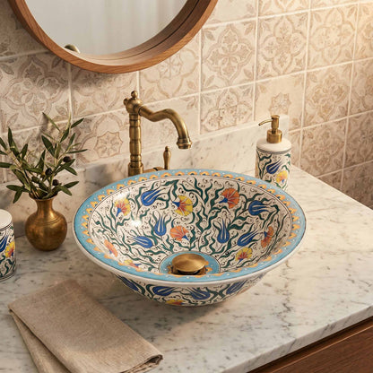 Sky Tulip Ceramic Vessel Sink, Handpainted Floral Bathroom Basin