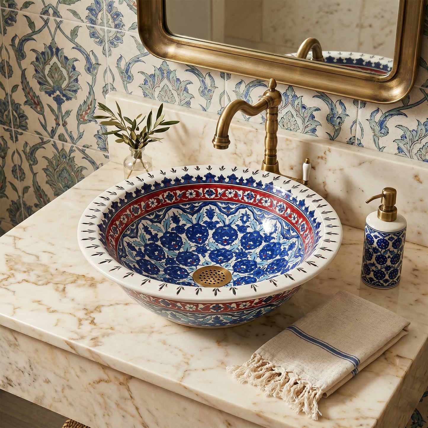 Sapphire Blossom Heritage Ceramic Vessel Sink, Handpainted Bathroom Basin