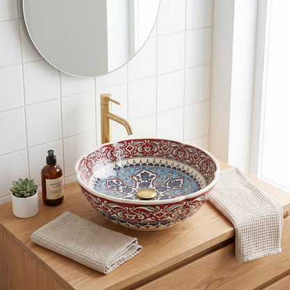 Ruby Mosaic Arabesque Ceramic Vessel Sink, Handpainted Bathroom Basin