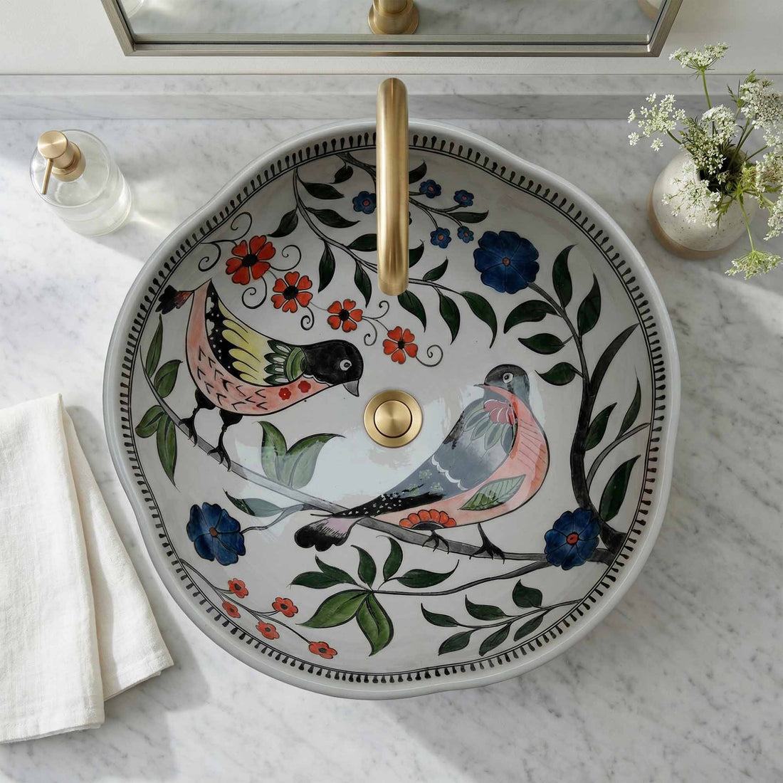 Songbird Garden Ceramic Vessel Sink, Handpainted Bird Bathroom Basin