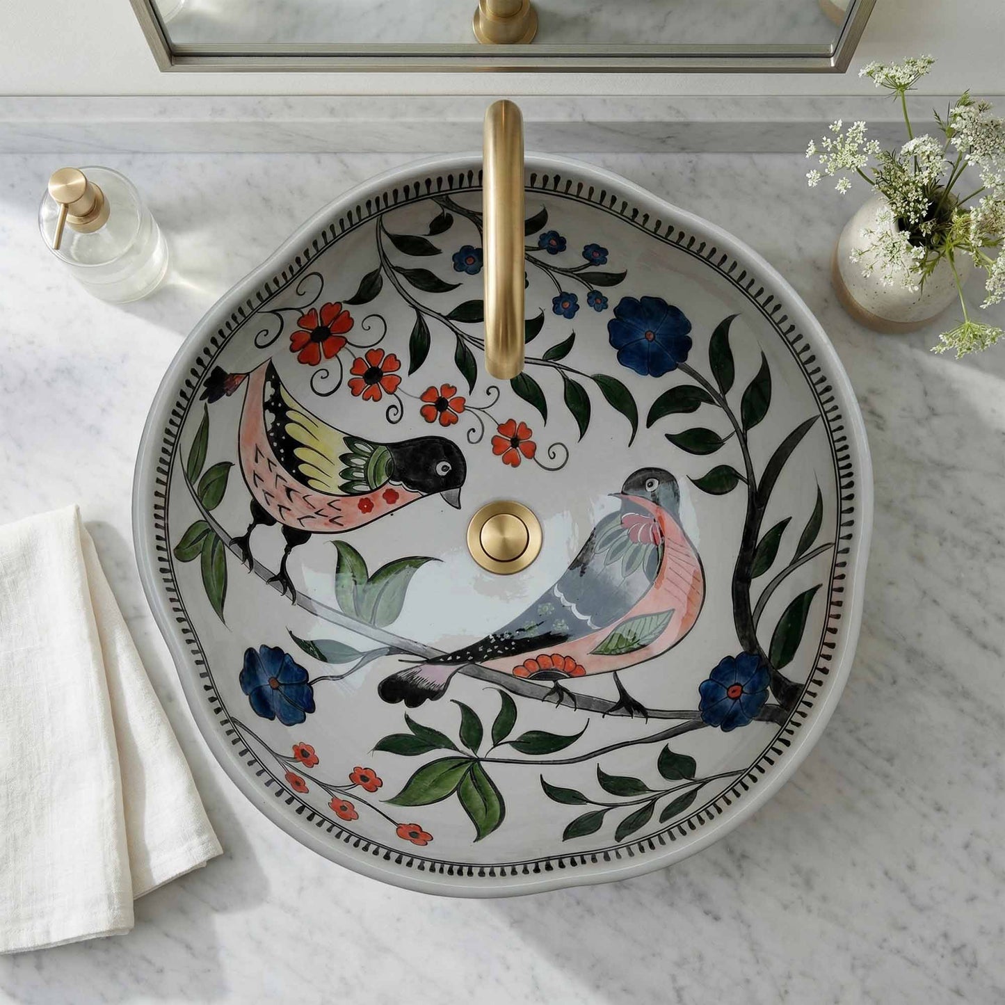 Songbird Garden Ceramic Vessel Sink, Handpainted Bird Bathroom Basin