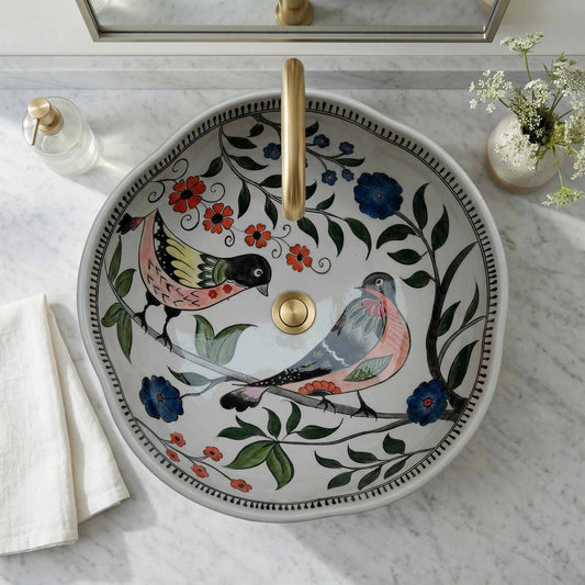 Songbird Garden Ceramic Vessel Sink, Handpainted Bird Bathroom Basin