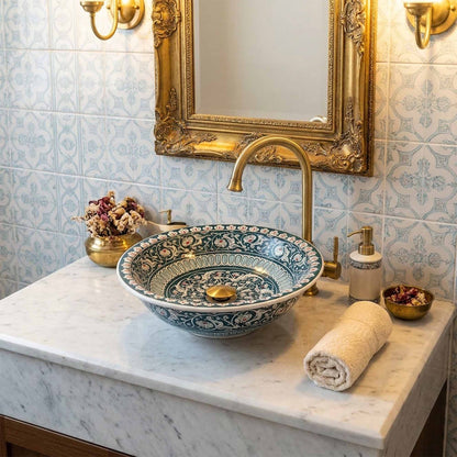 Verdant Arabesque Ceramic Vessel Sink, Handpainted Bathroom Basin