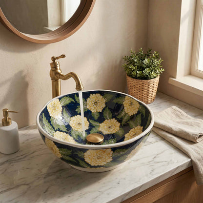 Golden Bloom Ceramic Vessel Sink, Handpainted Floral Bathroom Basin