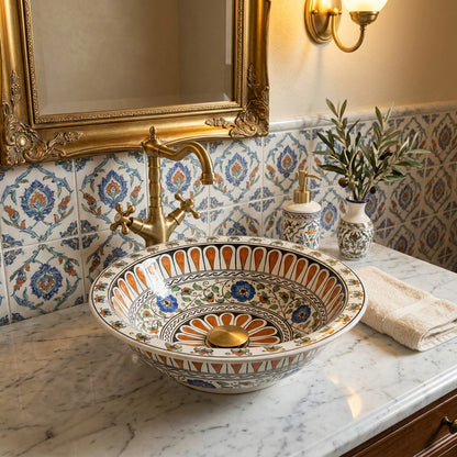 Decorative ceramic sink with gold faucet in a bathroom setting
