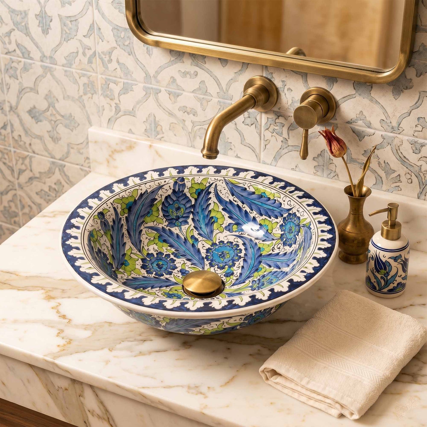 Sapphire Breeze Floral Ceramic Vessel Sink, Handpainted Bathroom Basin