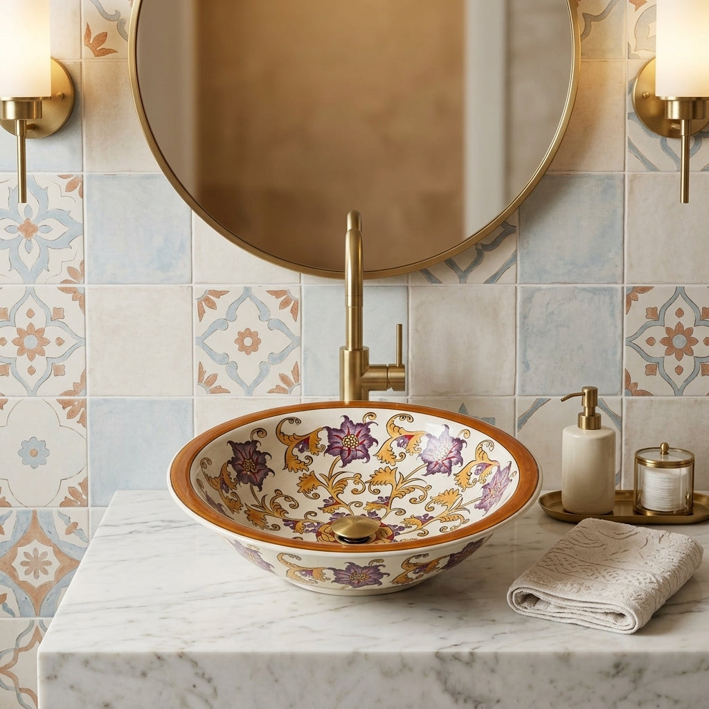 Decorative ceramic sink with floral patterns in a bathroom setting with a mirror and lights.