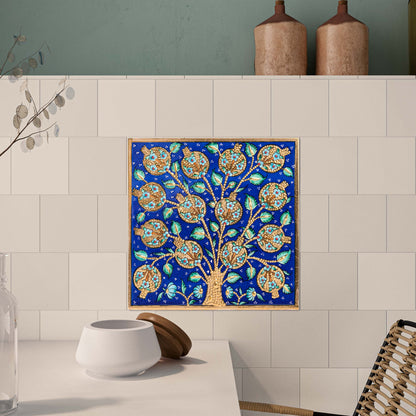 Handmade Ceramic Tile, Blue Pomegranate Tree Tile