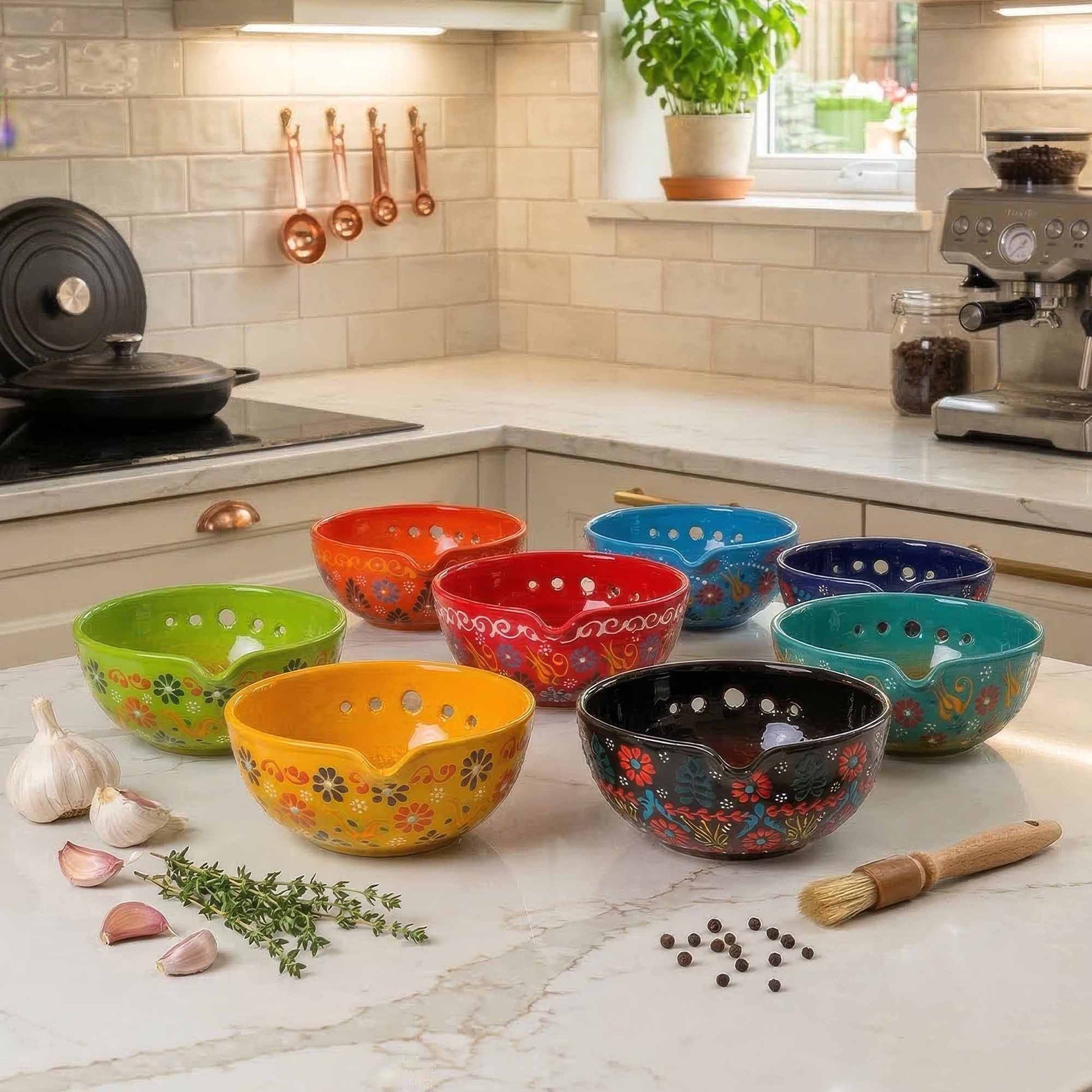 Colorful ceramic herb stripping bowls on a kitchen counter with kitchen utensils and appliances in the background