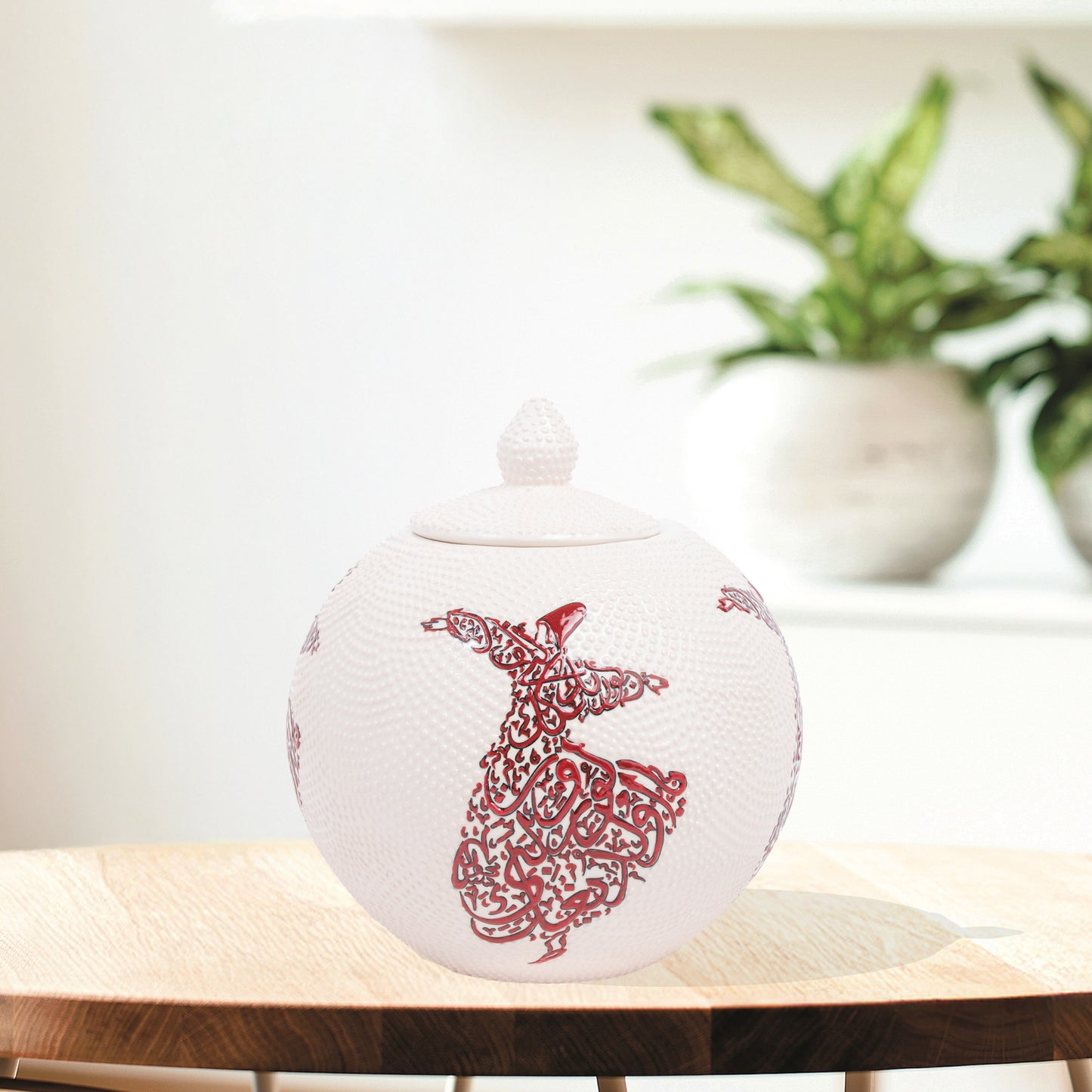 Handmade Ceramic Jar, Red Whirling Dervish Decorative Jar with Lid, Ceramic Globe Jar