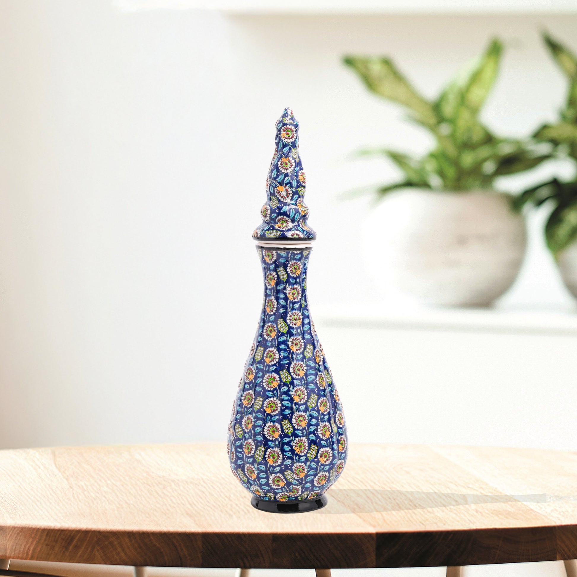 Hand-painted Nightingale’s Eye ceramic vase with Ottoman floral motifs on navy. Elegant tall form with lid, artisan-crafted, perfect décor or gift.