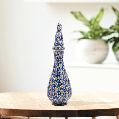 Hand-painted Nightingale’s Eye ceramic vase with Ottoman floral motifs on navy. Elegant tall form with lid, artisan-crafted, perfect décor or gift.