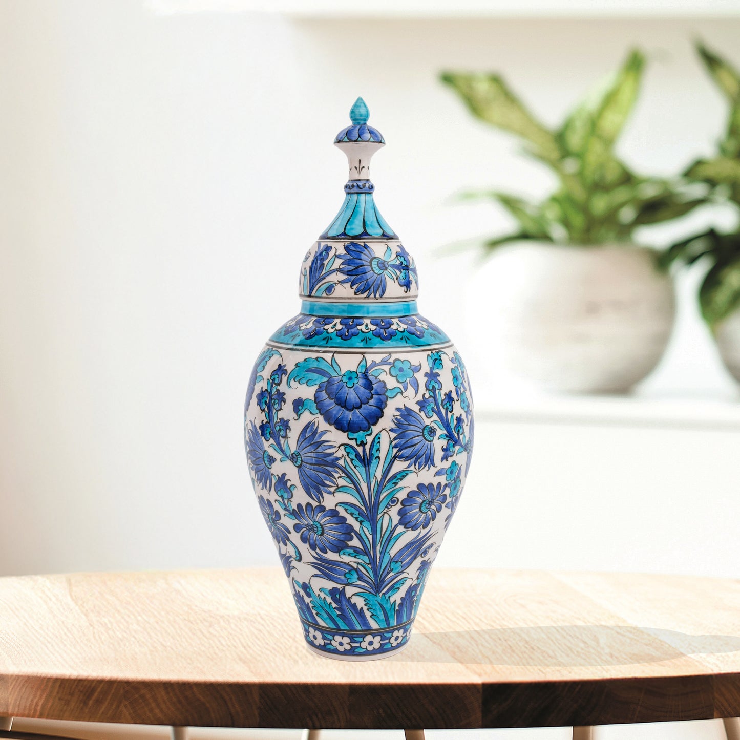 Hand-painted Vizier Blue ceramic canister with Ottoman floral motifs in cobalt, turquoise & azure. Tall lidded vase, artisan-made, perfect décor or gift.