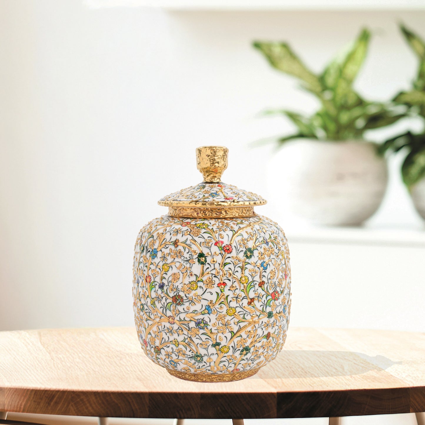Handmade Ceramic Jar, Golden Bloom Decorative Jar with Lid, Ceramic Honey Jar
