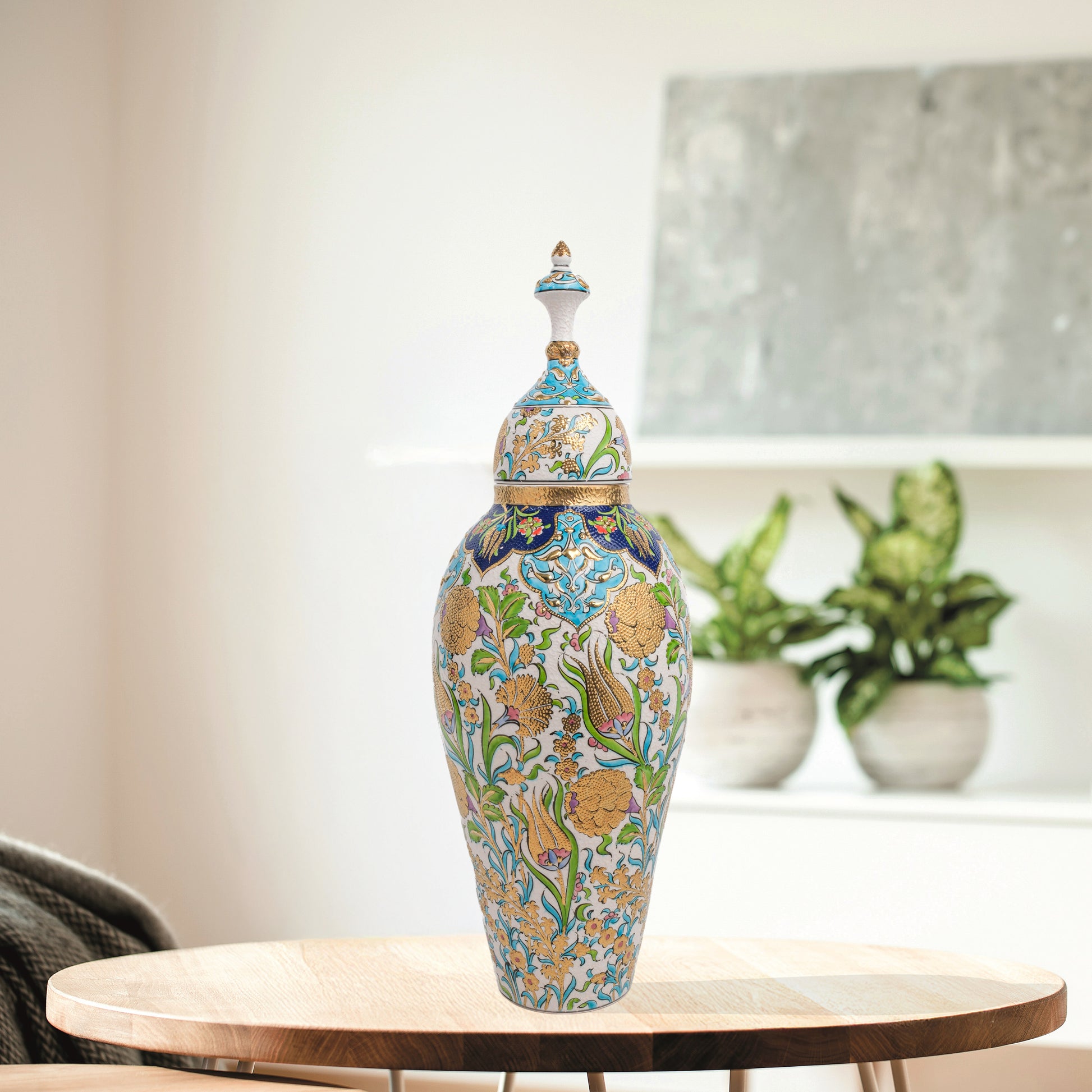 Hand-painted Vizier Blossom ceramic canister with golden Ottoman florals, tulips & hyacinths. Tall lidded vase with glossy glaze, perfect décor or gift.