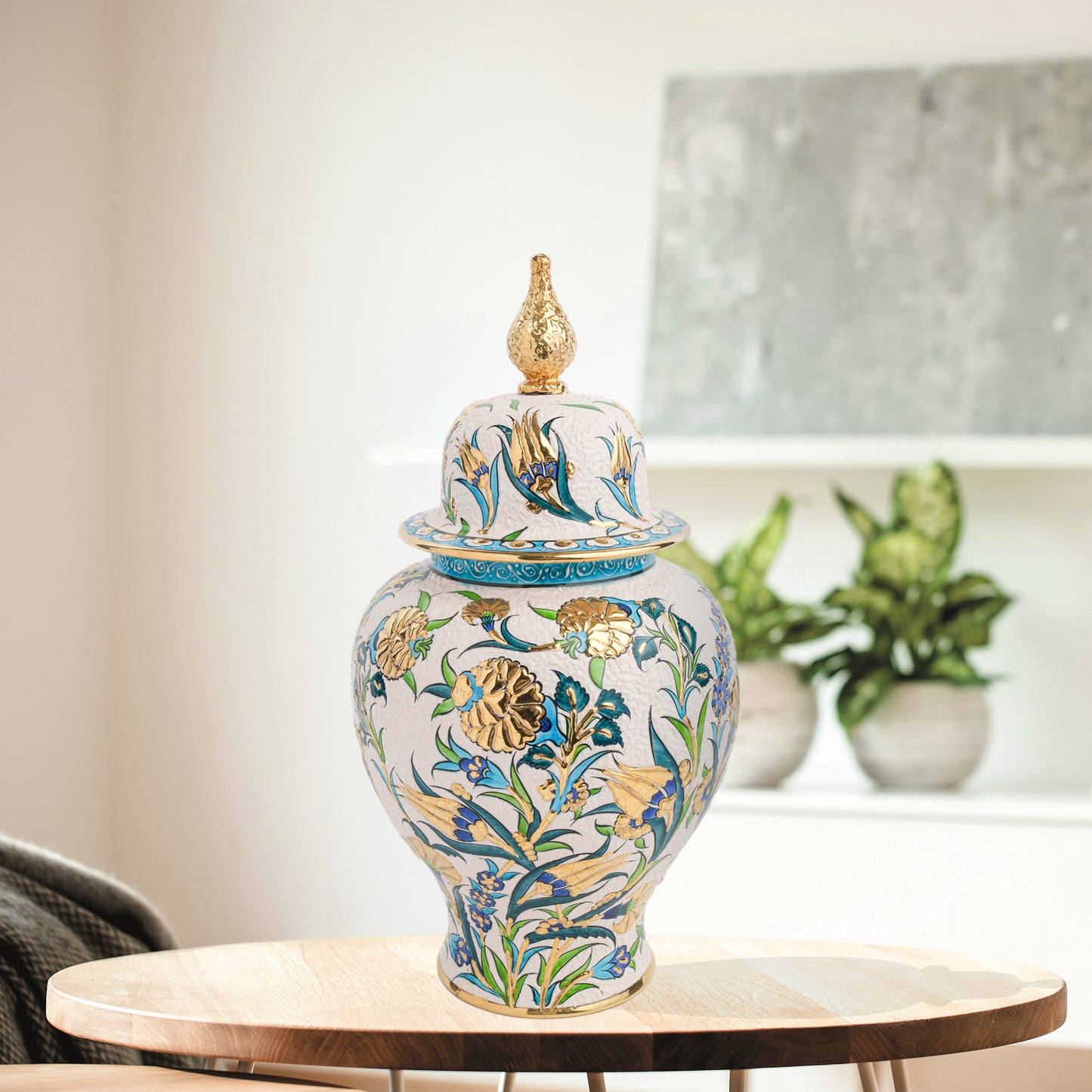 Handmade Ceramic Jar, Golden Bloom Decorative Jar with Lid, Ceramic Ginger Jar