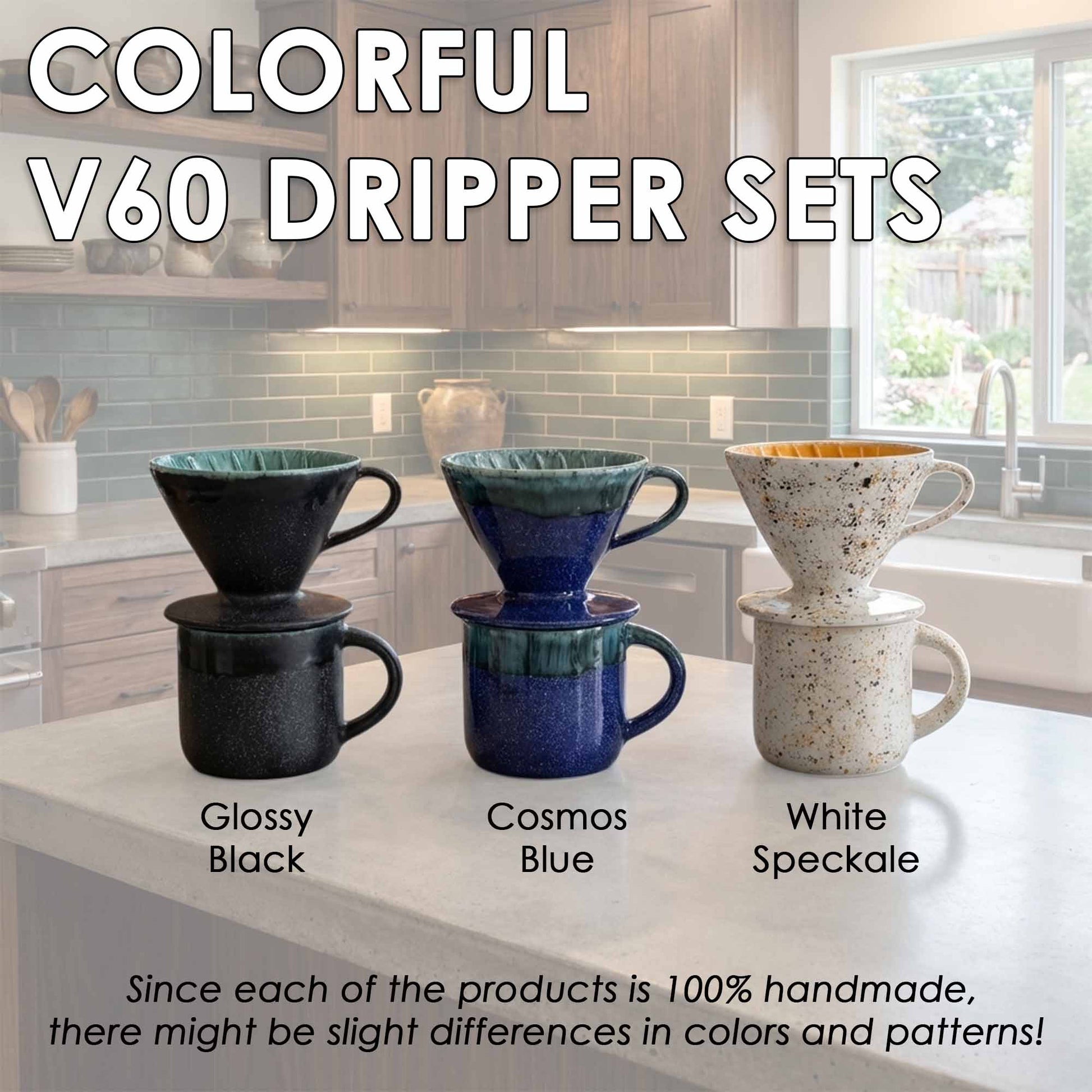 Colorful V60 dripper sets on a kitchen counter with text describing the colors.