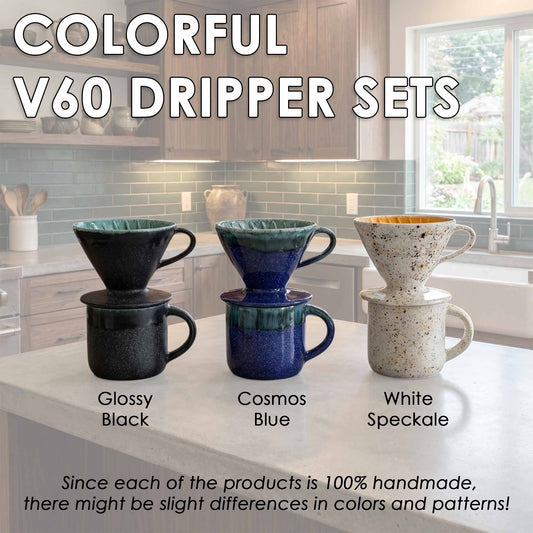 Colorful V60 dripper sets on a kitchen counter with text describing the colors.