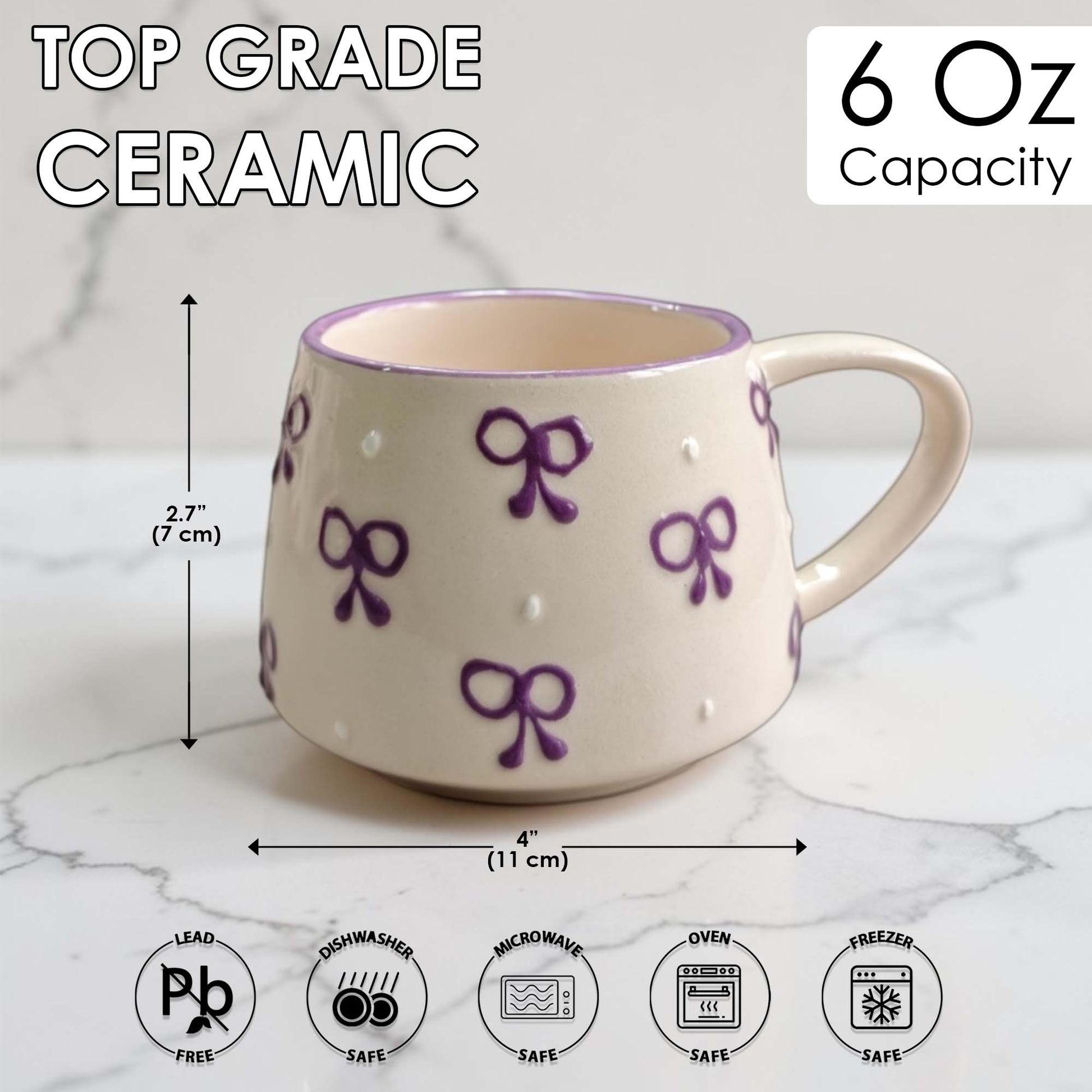 Ceramic mug with purple bow designs on a marble surface, showing measurements and safety icons.